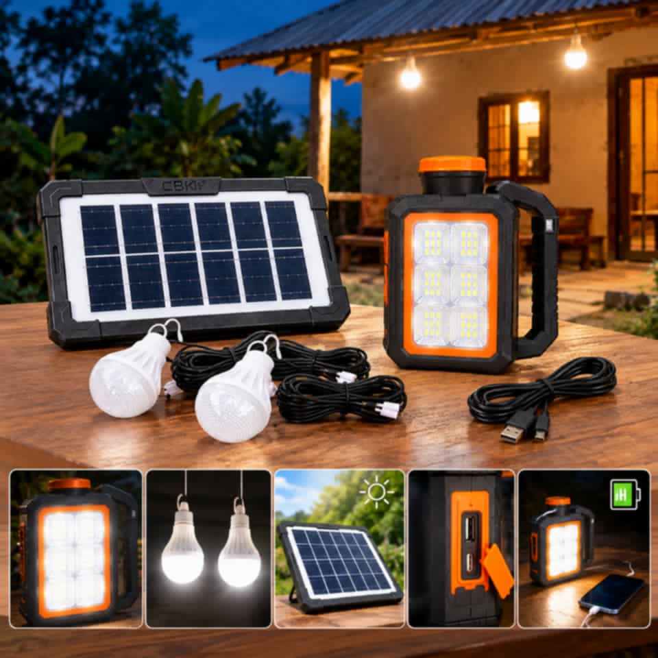 Kit d'éclairage solaire CBK U8 - Lampe torche haute puissance + 2 ampoules + panneau solaire + chargeur téléphone