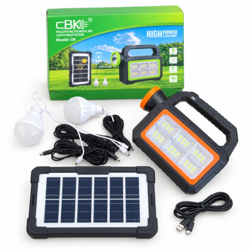 Kit d'éclairage solaire CBK U8 - Lampe torche haute puissance + 2 ampoules + panneau solaire + chargeur téléphone